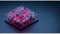 A 3D illustration shows a network of interconnected, microchip-like elements on a dark surface, resembling a circuit board. Royalty Free Stock Photo