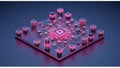 A 3D illustration shows a network of interconnected, microchip-like elements on a dark surface, resembling a circuit board. Royalty Free Stock Photo