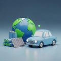 3D Illustration of an Electric Car, Earth, Batteries, and Solar Panel on a Blue Background Royalty Free Stock Photo