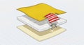 A square cardboard box with a yellow cover and red white striped fabric on top placed on a white surface with beige grid Royalty Free Stock Photo