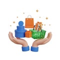 Hands holding shopping bags gifts and basket with stars on white background image photo Royalty Free Stock Photo