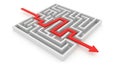 White maze with a red arrow showing the path through the labyrinth on a white background Royalty Free Stock Photo