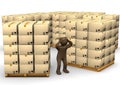 3D Illustration, desperate brown figurine, packages on pallets, Royalty Free Stock Photo
