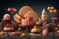 3d illustration of different sweet desserts and candies on black background Royalty Free Stock Photo