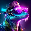 3D Illustration of a Dinosaur with Virtual Reality Glasses. AI Generated