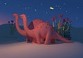 3D illustration. Dinosaurs couple walk among prehistoric vegetation at night