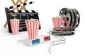 3D illustration, director chair, movie clapper, popcorn, 3d glasses, film strip, film reel and cup with carbonated drink