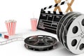 3D illustration, director chair, movie clapper, popcorn, 3d glasses, film strip, film reel and cup with carbonated drink