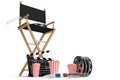 3D illustration, director chair, movie clapper, popcorn, 3d glasses, film strip, film reel and cup with carbonated drink