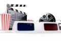 3D illustration, director chair, movie clapper, popcorn, 3d glasses, film strip, film reel and cup with carbonated drink