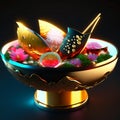 3D illustration of Diwali diya in golden bowl. generative AI