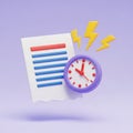 3D Illustration of a Document, Clock, and Lightning Bolts on a Purple Background Keywords: document, paper, clock, time, deadline Royalty Free Stock Photo