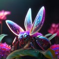 3d illustration of a dragonfly on a flower in neon light Generative AI