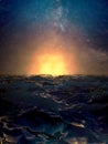 Dramatic sunset over the wavy surface of the ocean Royalty Free Stock Photo