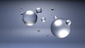 3d illustration. Drops of water of different sizes on a grey background