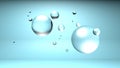3d illustration. Drops of water of different sizes on a grey background