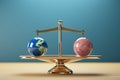 3D illustration Earth globe vs heart on scales, balancing life