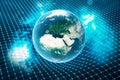 3D illustration Earth`s gravity bends space around it. With bokeh effect. Concept gravity deforms space time grid around Royalty Free Stock Photo