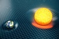 3D illustration Earth`s and Sun gravity bends space around it. With bokeh effect. Concept gravity deforms space time Royalty Free Stock Photo