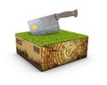 3d Illustration of eco cardboard box with wood sign, grass and machete, isolated on white background