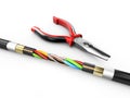3d Illustration of Electric cable with pliers. Copper electrical cable in multi-colored insulation on a white background Royalty Free Stock Photo