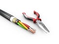 3d Illustration of Electric cable with pliers. Copper electrical cable in multi-colored insulation on a white background Royalty Free Stock Photo