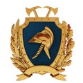 3d illustration. Emblem of firefighters. Golden helmet, axes, blue shield, olive branch, oak branch