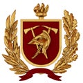 3d illustration. Emblem of firefighters. Golden helmet, axes, red shield, torch, olive branches