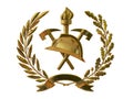 3d illustration. Emblem of firefighters. Golden helmet, axes, torch, olive branches