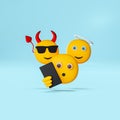 3D illustration emoji holding phone with devil and angel emoji on shoulders