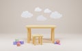 3d illustration of empty kindergarten or kids room with furniture and toys for young children. Modern playroom interior