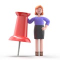 3D illustration of European businesswoman Ellen leaning on a huge red pushpin.3D rendering on white background