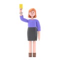 3D illustration of European businesswoman Ellen showing yellow card.3D rendering on white background