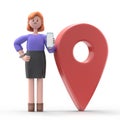3D illustration of European businesswoman Ellen with Smartphone Standing near GeoPoint sign Mobile Navigation concept