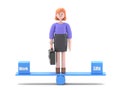 3D illustration of European businesswoman Ellen is standing at the center of a seesaw with Work and Life boxes at the sides