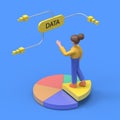 3D illustration of European woman stands on a slice of chart pie and big yellow button that says data, data analysis Royalty Free Stock Photo