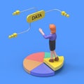 3D illustration of European woman stands on a slice of chart pie and big yellow button that says data, data analysis Royalty Free Stock Photo