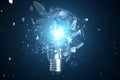 3D illustration Exploding light bulb on a blue background, with concept creative thinking and innovative solutions. Royalty Free Stock Photo