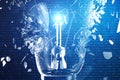 3D Illustration Exploding light bulb on a blue background, with concept creative thinking and innovative solutions. Royalty Free Stock Photo