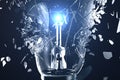 3D illustration Exploding light bulb on a blue background, with concept creative thinking and innovative solutions. Royalty Free Stock Photo