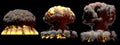 3D illustration of explosion - 3 big different phases fire mushroom cloud explosion of atom bomb with smoke and flame isolated on Royalty Free Stock Photo