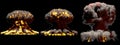 3D illustration of explosion - 3 big different phases fire mushroom cloud explosion of nuclear bomb with smoke and flame isolated Royalty Free Stock Photo