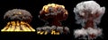 3D illustration of explosion - 3 big different phases fire mushroom cloud explosion of nuke bomb with smoke and flame isolated on Royalty Free Stock Photo