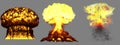 3D illustration of explosion - 3 big very detailed different phases mushroom cloud explosion of atom bomb with smoke and fire Royalty Free Stock Photo