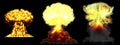 3D illustration of explosion - 3 big very high detailed different phases mushroom cloud explosion of fusion bomb with smoke and Royalty Free Stock Photo