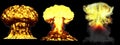 3D illustration of explosion - 3 big very highly detailed different phases mushroom cloud explosion of atom bomb with smoke and Royalty Free Stock Photo