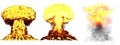 3D illustration of explosion - 3 big very highly detailed different phases mushroom cloud explosion of thermonuclear bomb with