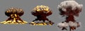 3D illustration of explosion - 3 huge different phases fire mushroom cloud explosion of super bomb with smoke and flame isolated