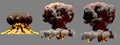 3D illustration of explosion - 3 huge different phases fire mushroom cloud explosion of nuke bomb with smoke and flame isolated on Royalty Free Stock Photo