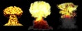 3D illustration of explosion - 3 huge high detailed different phases mushroom cloud explosion of fusion bomb with smoke and fire Royalty Free Stock Photo